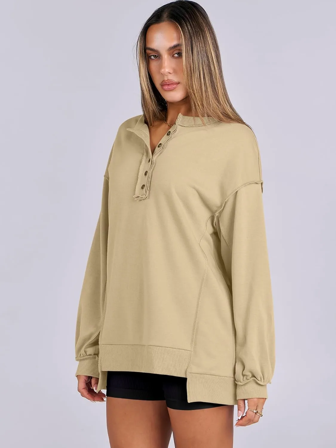 Caracilia Women's Oversized Sweatshirts Long Sleeve Henley Button Down Pullover Hoodies Tunic Tops 2025 Trendy Fall Clothes