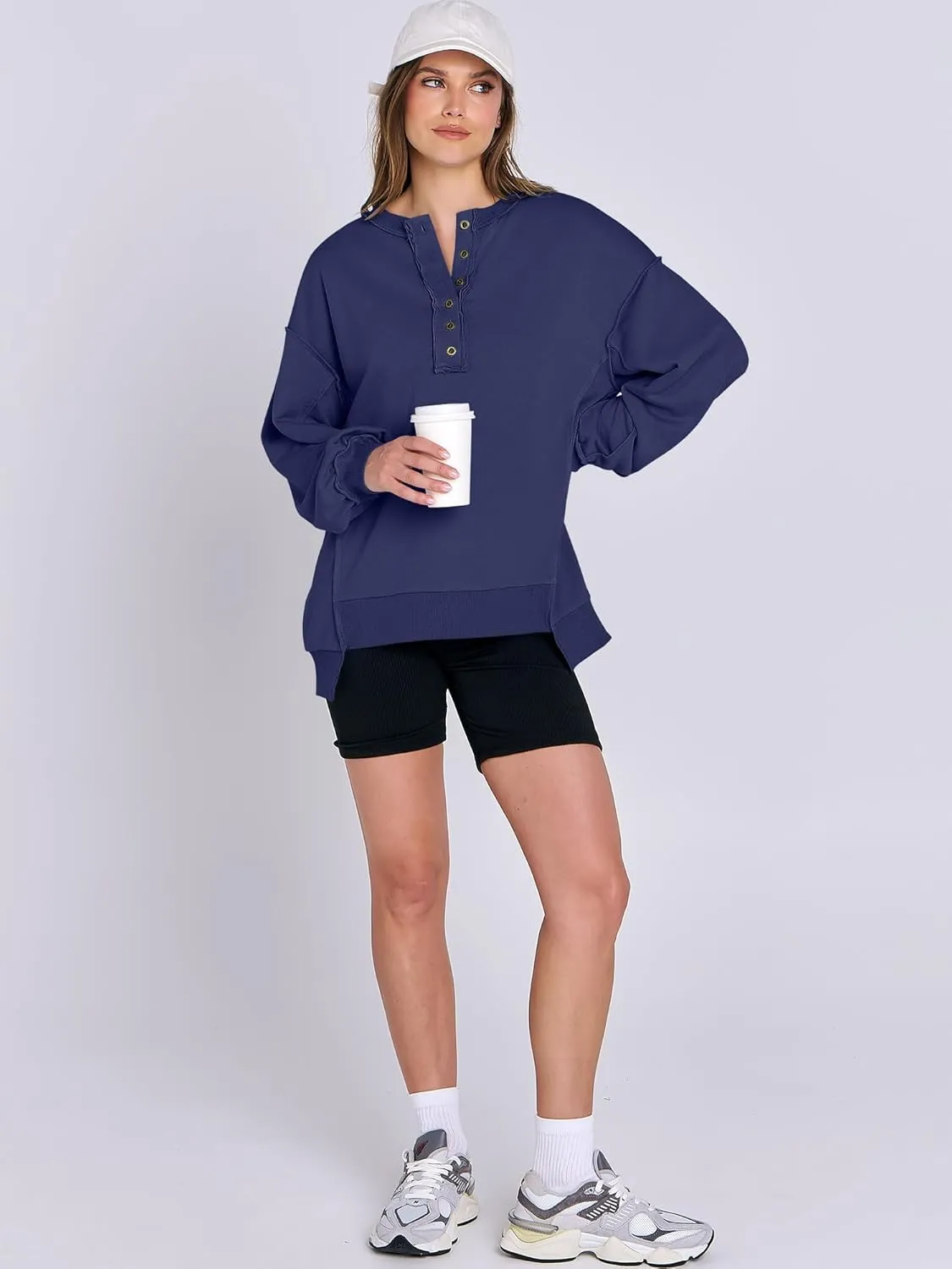 Caracilia Women's Oversized Sweatshirts Long Sleeve Henley Button Down Pullover Hoodies Tunic Tops 2025 Trendy Fall Clothes