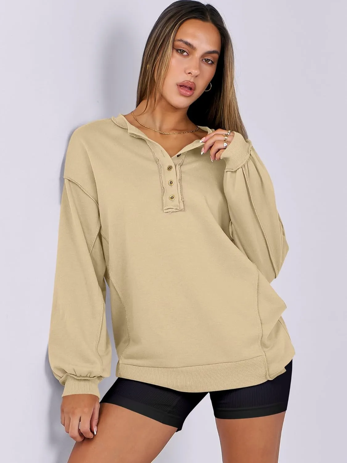 Caracilia Women's Oversized Sweatshirts Long Sleeve Henley Button Down Pullover Hoodies Tunic Tops 2025 Trendy Fall Clothes