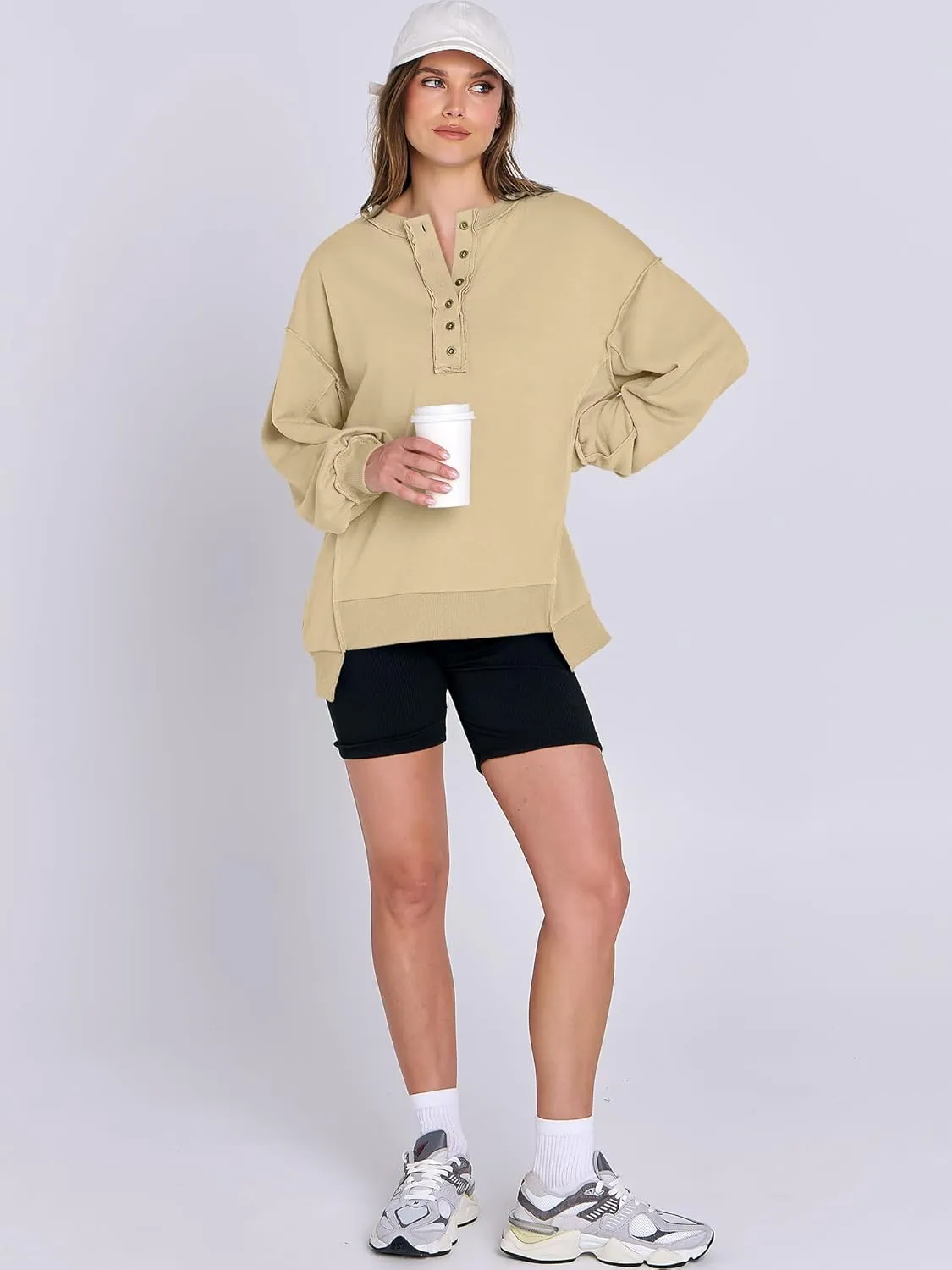 Caracilia Women's Oversized Sweatshirts Long Sleeve Henley Button Down Pullover Hoodies Tunic Tops 2025 Trendy Fall Clothes