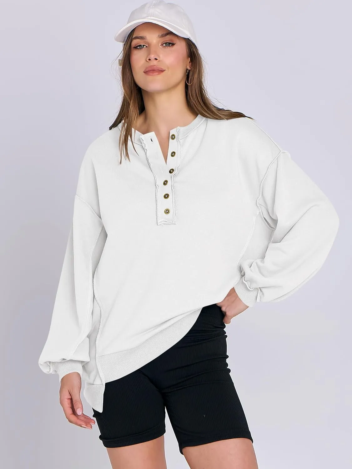 Caracilia Women's Oversized Sweatshirts Long Sleeve Henley Button Down Pullover Hoodies Tunic Tops 2025 Trendy Fall Clothes