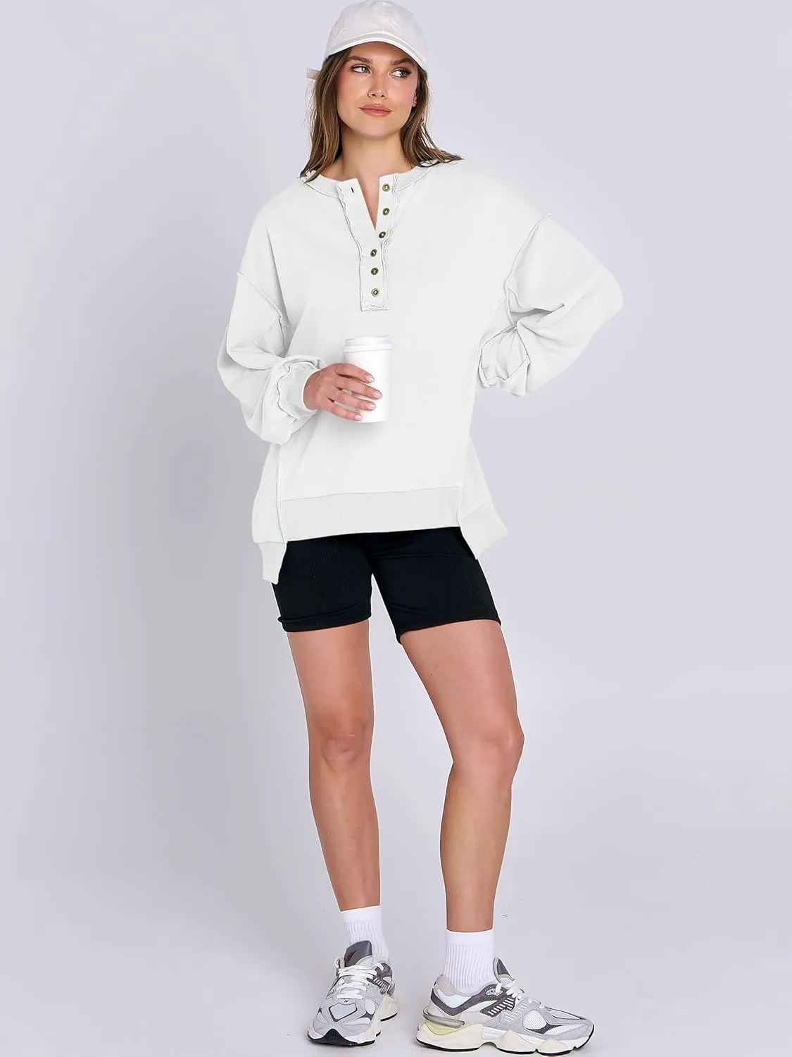 Caracilia Women's Oversized Sweatshirts Long Sleeve Henley Button Down Pullover Hoodies Tunic Tops 2025 Trendy Fall Clothes