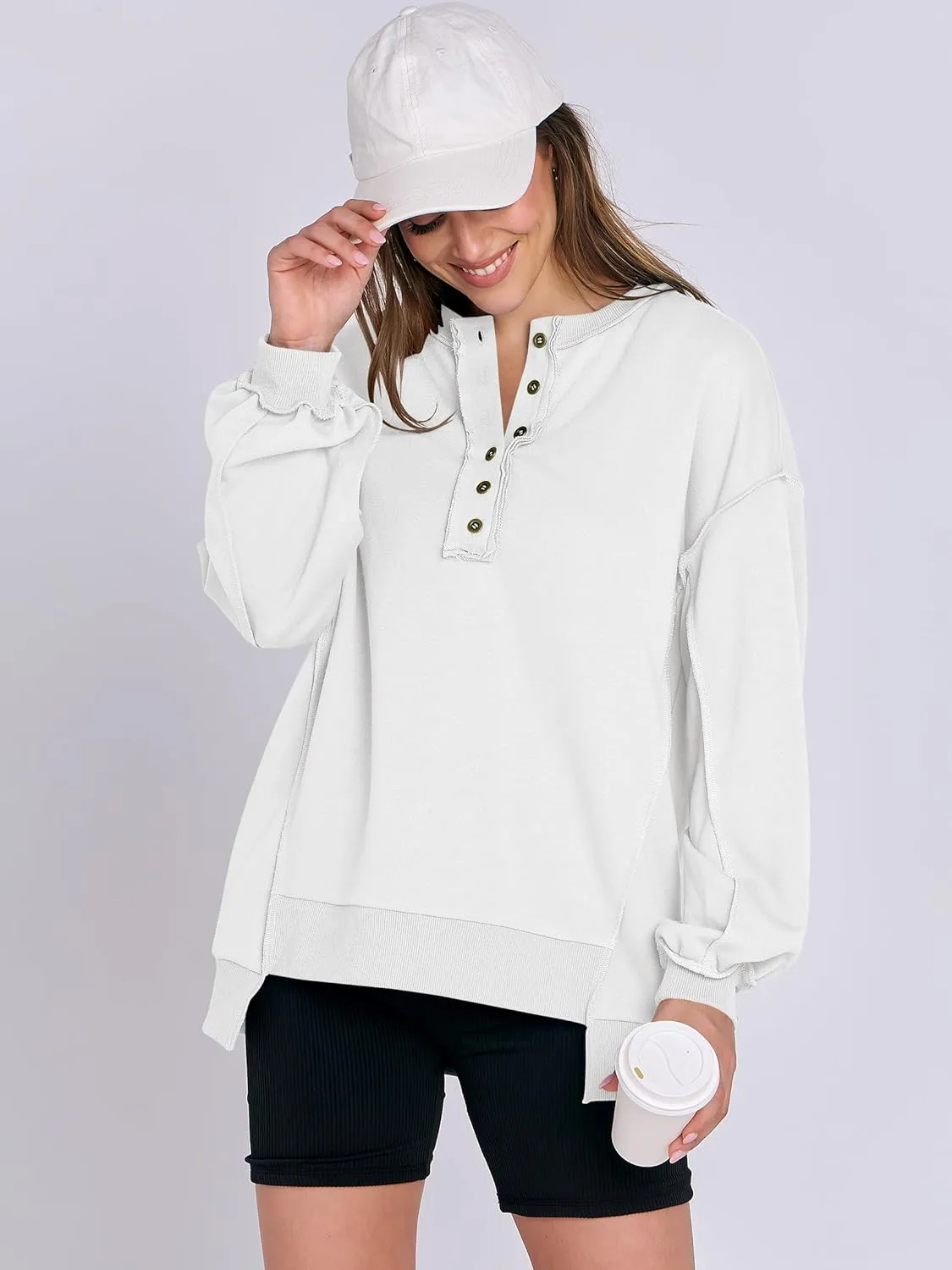 Caracilia Women's Oversized Sweatshirts Long Sleeve Henley Button Down Pullover Hoodies Tunic Tops 2025 Trendy Fall Clothes