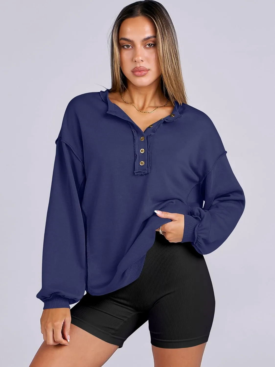 Caracilia Women's Oversized Sweatshirts Long Sleeve Henley Button Down Pullover Hoodies Tunic Tops 2025 Trendy Fall Clothes