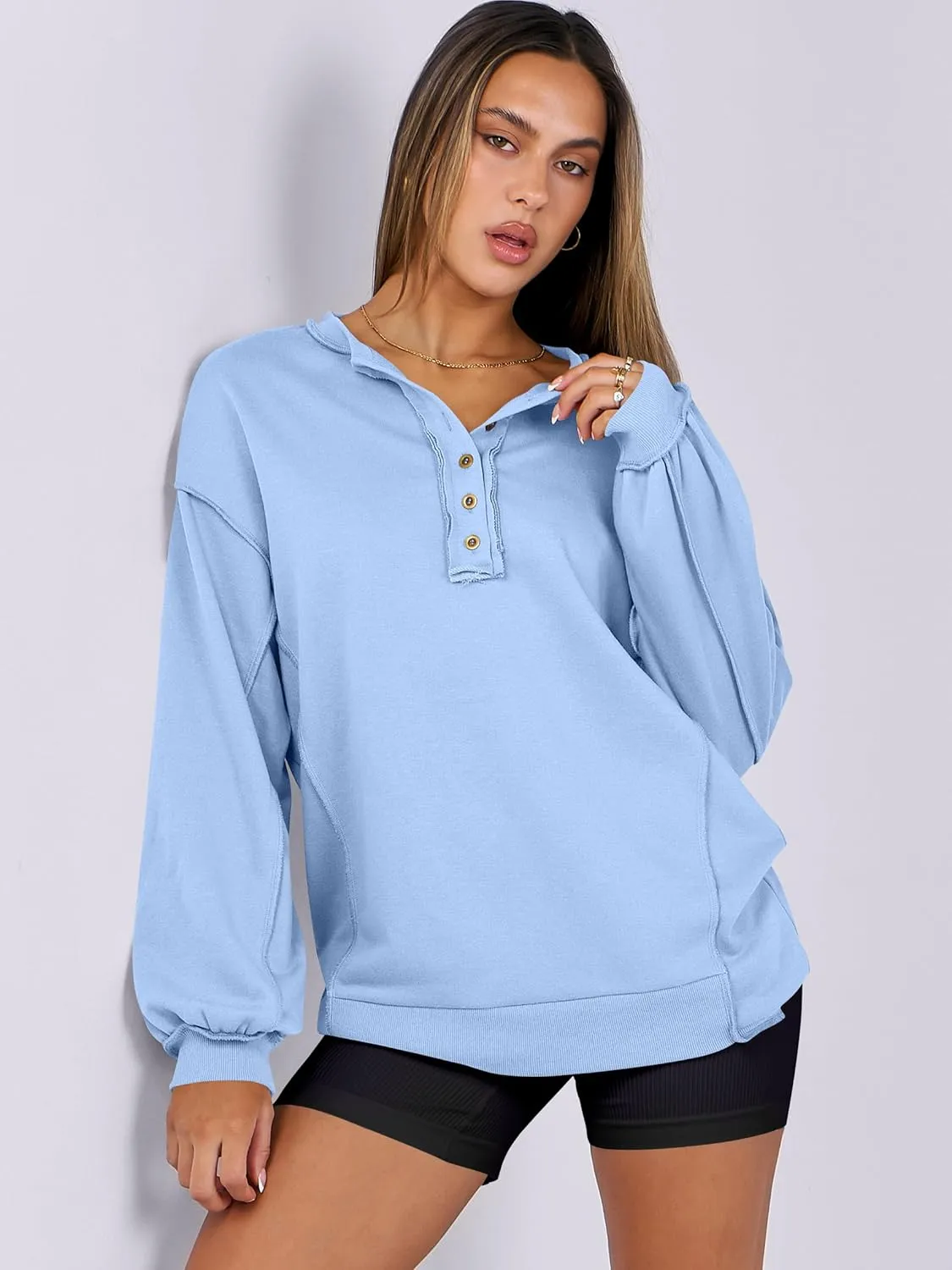 Caracilia Women's Oversized Sweatshirts Long Sleeve Henley Button Down Pullover Hoodies Tunic Tops 2025 Trendy Fall Clothes