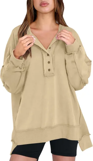 Caracilia Women's Oversized Sweatshirts Long Sleeve Henley Button Down Pullover Hoodies Tunic Tops 2025 Trendy Fall Clothes