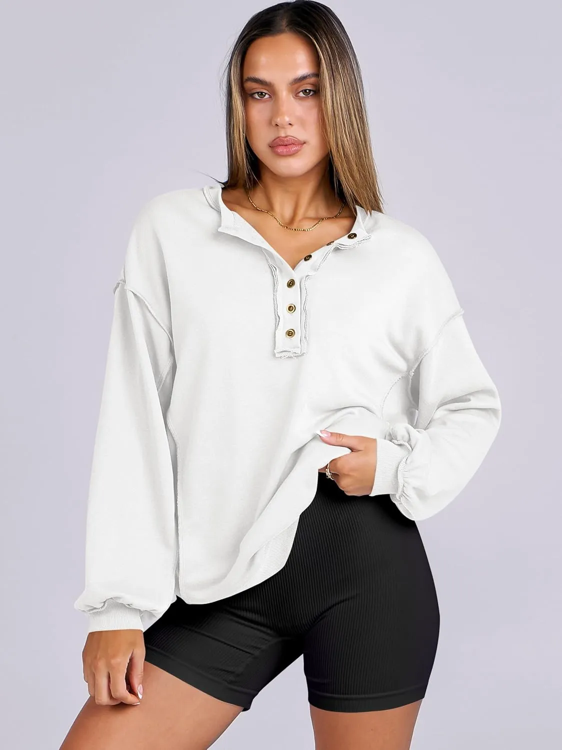 Caracilia Women's Oversized Sweatshirts Long Sleeve Henley Button Down Pullover Hoodies Tunic Tops 2025 Trendy Fall Clothes
