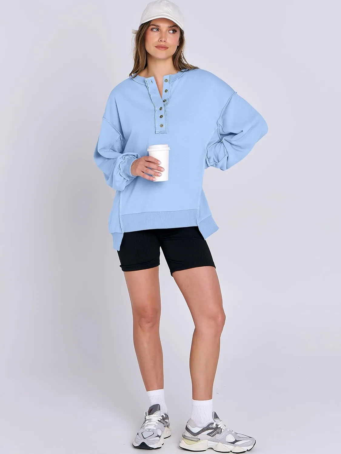 Caracilia Women's Oversized Sweatshirts Long Sleeve Henley Button Down Pullover Hoodies Tunic Tops 2025 Trendy Fall Clothes