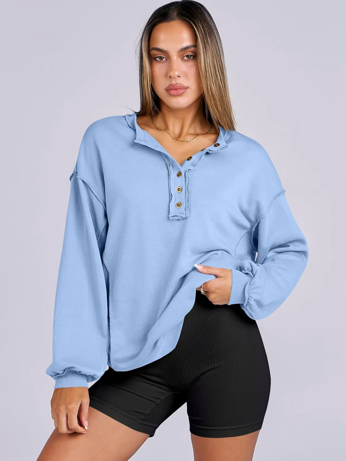 Caracilia Women's Oversized Sweatshirts Long Sleeve Henley Button Down Pullover Hoodies Tunic Tops 2025 Trendy Fall Clothes