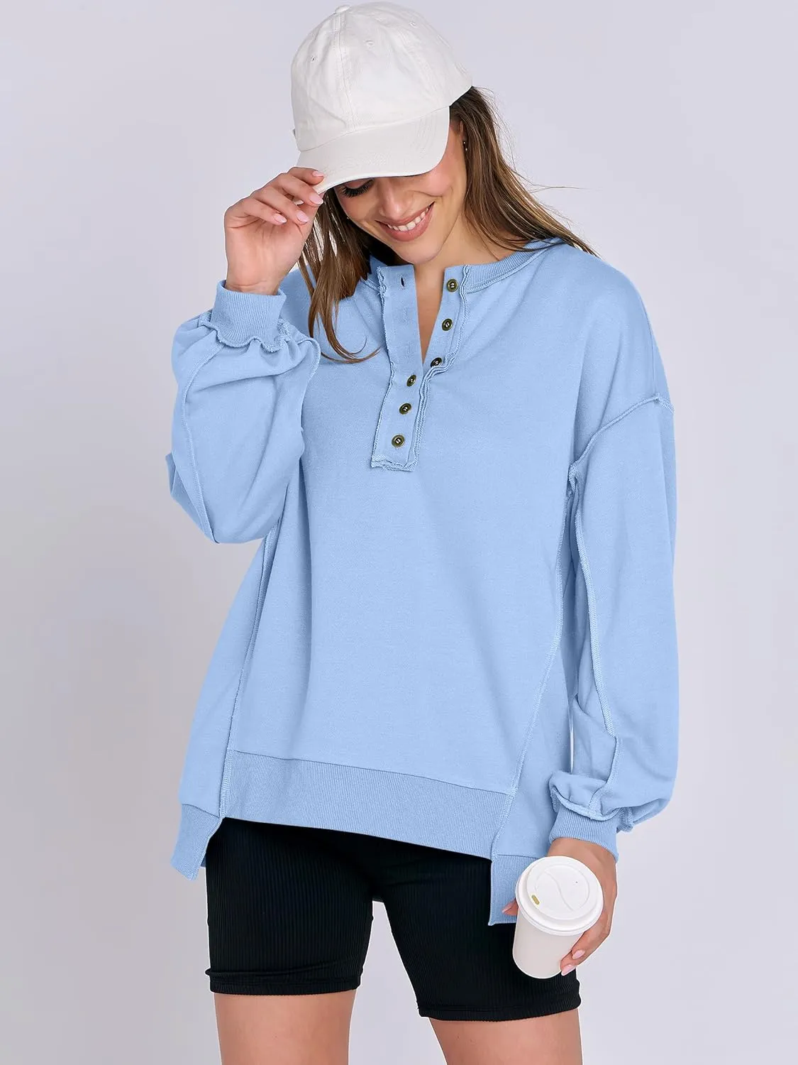 Caracilia Women's Oversized Sweatshirts Long Sleeve Henley Button Down Pullover Hoodies Tunic Tops 2025 Trendy Fall Clothes
