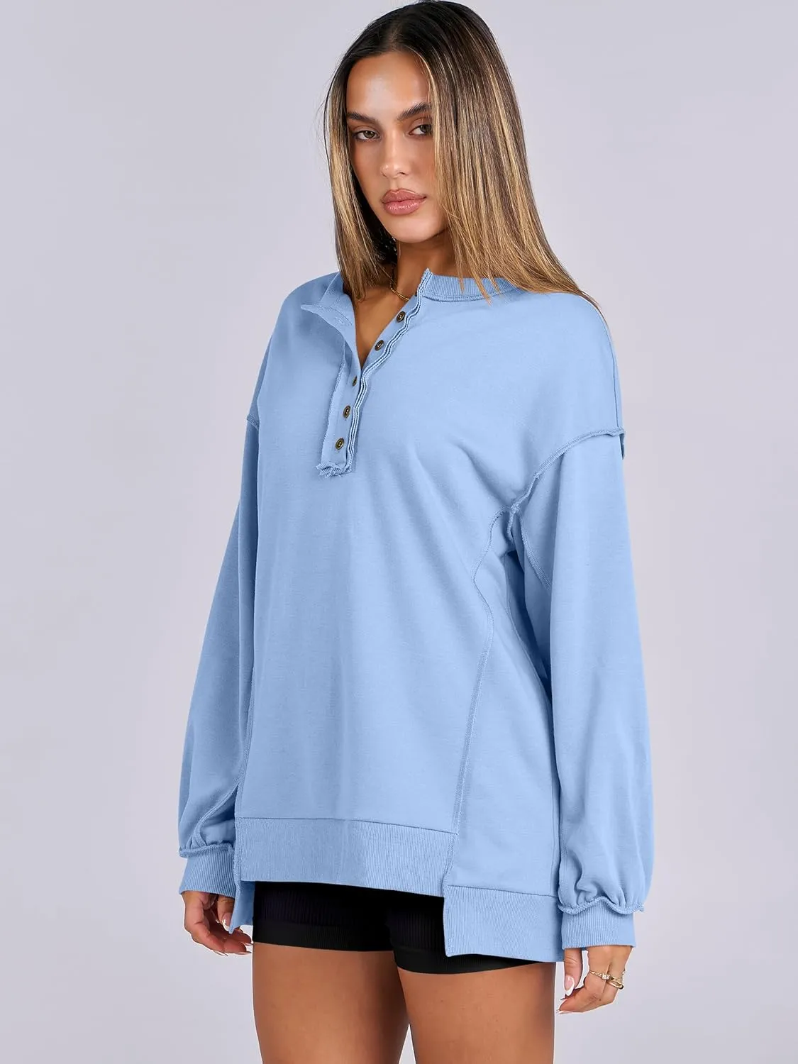 Caracilia Women's Oversized Sweatshirts Long Sleeve Henley Button Down Pullover Hoodies Tunic Tops 2025 Trendy Fall Clothes