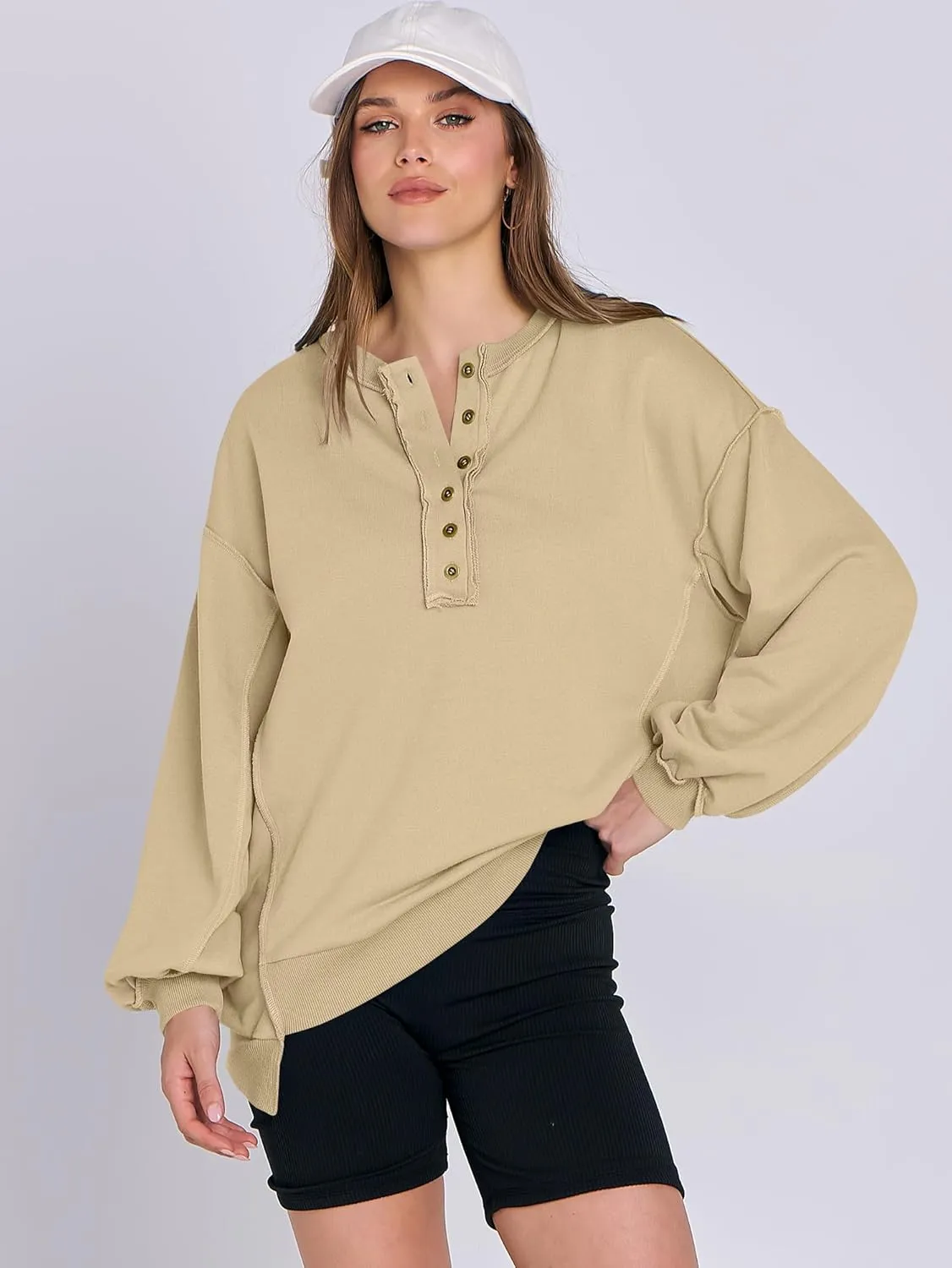Caracilia Women's Oversized Sweatshirts Long Sleeve Henley Button Down Pullover Hoodies Tunic Tops 2025 Trendy Fall Clothes