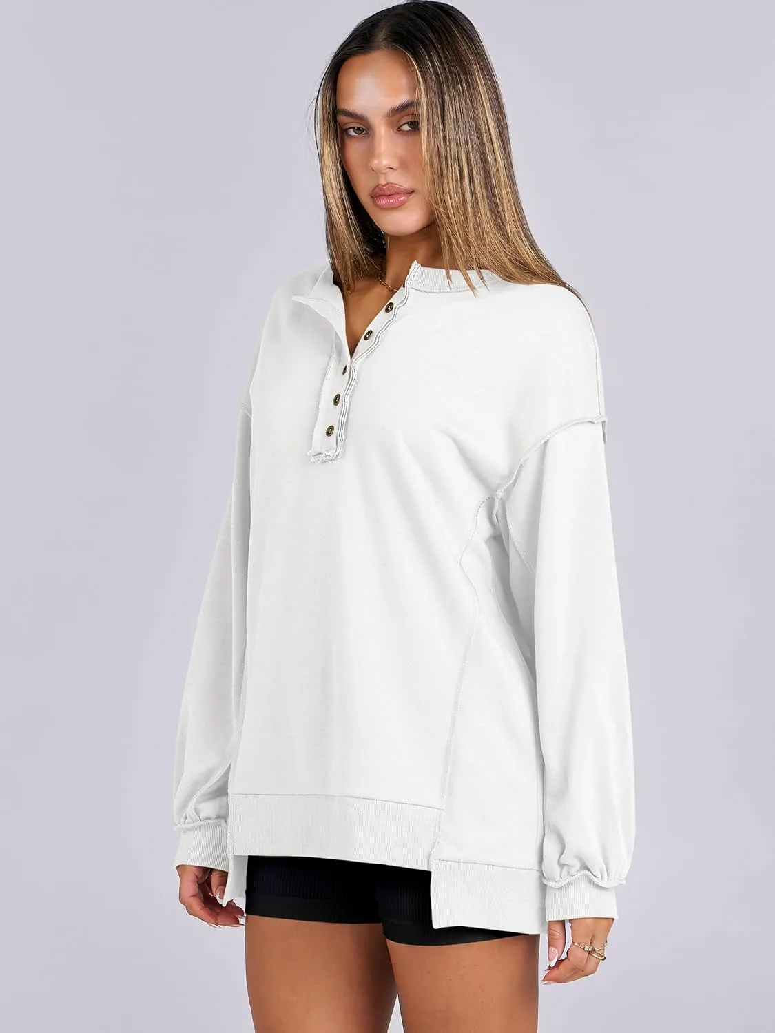Caracilia Women's Oversized Sweatshirts Long Sleeve Henley Button Down Pullover Hoodies Tunic Tops 2025 Trendy Fall Clothes