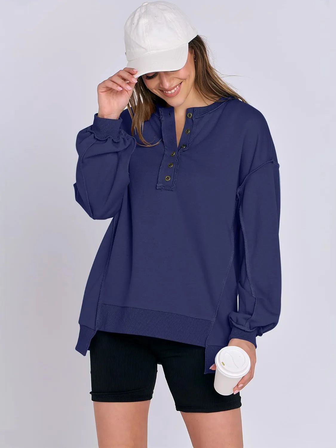 Caracilia Women's Oversized Sweatshirts Long Sleeve Henley Button Down Pullover Hoodies Tunic Tops 2025 Trendy Fall Clothes