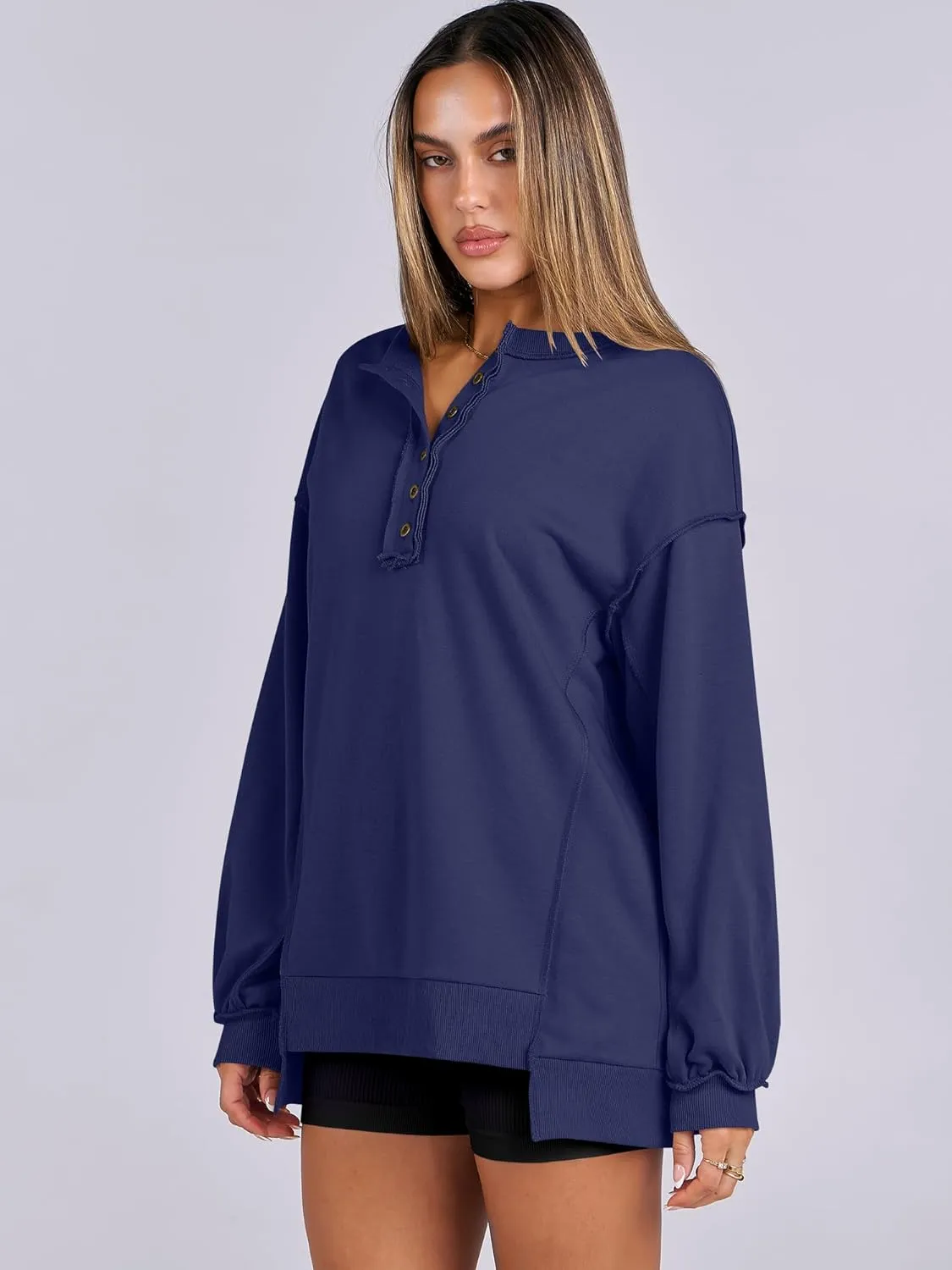 Caracilia Women's Oversized Sweatshirts Long Sleeve Henley Button Down Pullover Hoodies Tunic Tops 2025 Trendy Fall Clothes
