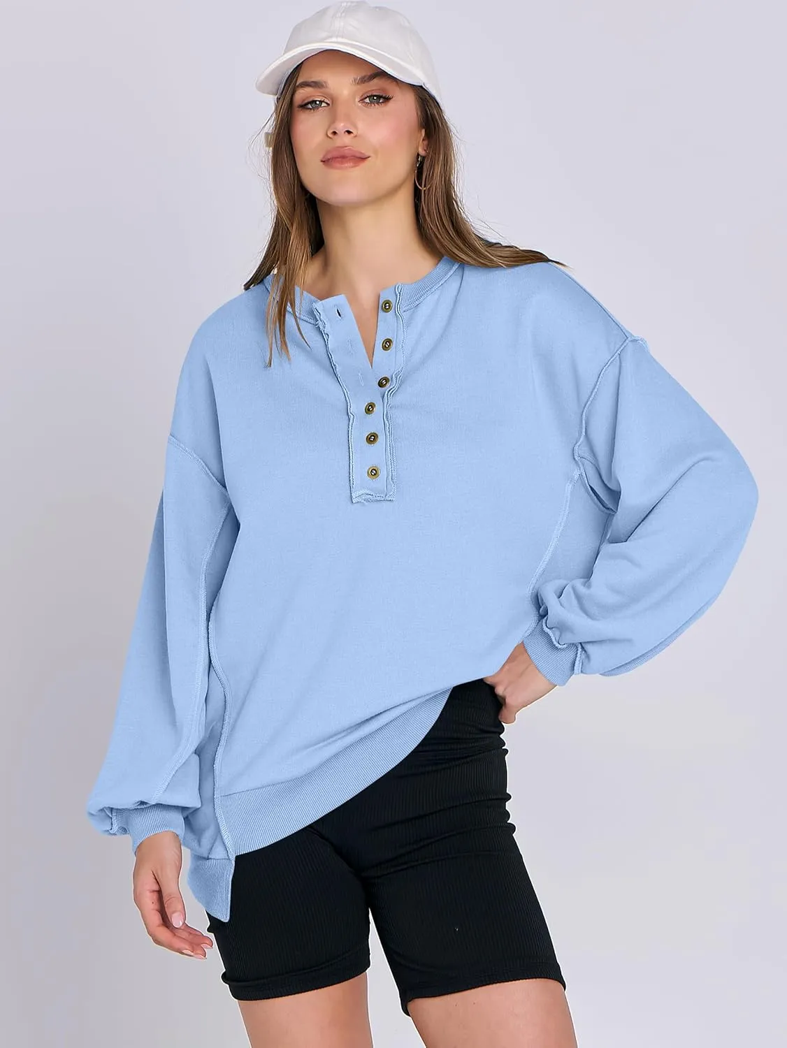 Caracilia Women's Oversized Sweatshirts Long Sleeve Henley Button Down Pullover Hoodies Tunic Tops 2025 Trendy Fall Clothes