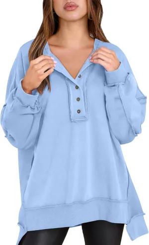 Caracilia Women's Oversized Sweatshirts Long Sleeve Henley Button Down Pullover Hoodies Tunic Tops 2025 Trendy Fall Clothes