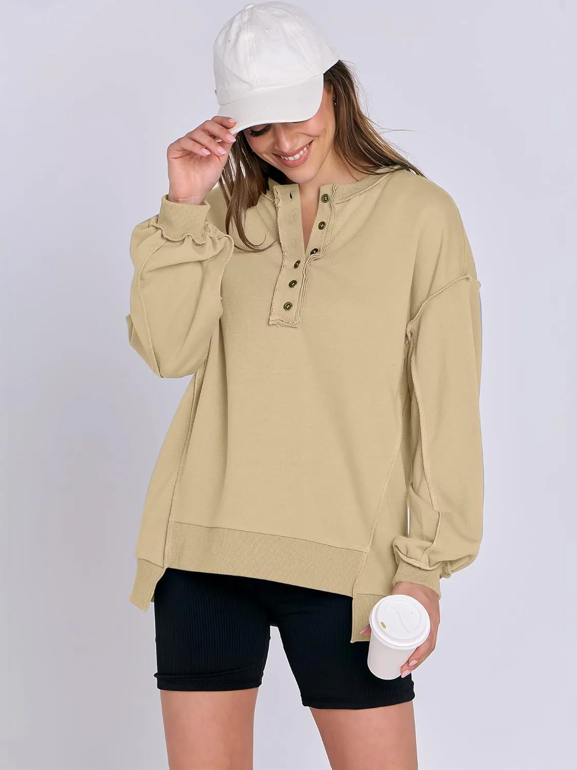 Caracilia Women's Oversized Sweatshirts Long Sleeve Henley Button Down Pullover Hoodies Tunic Tops 2025 Trendy Fall Clothes