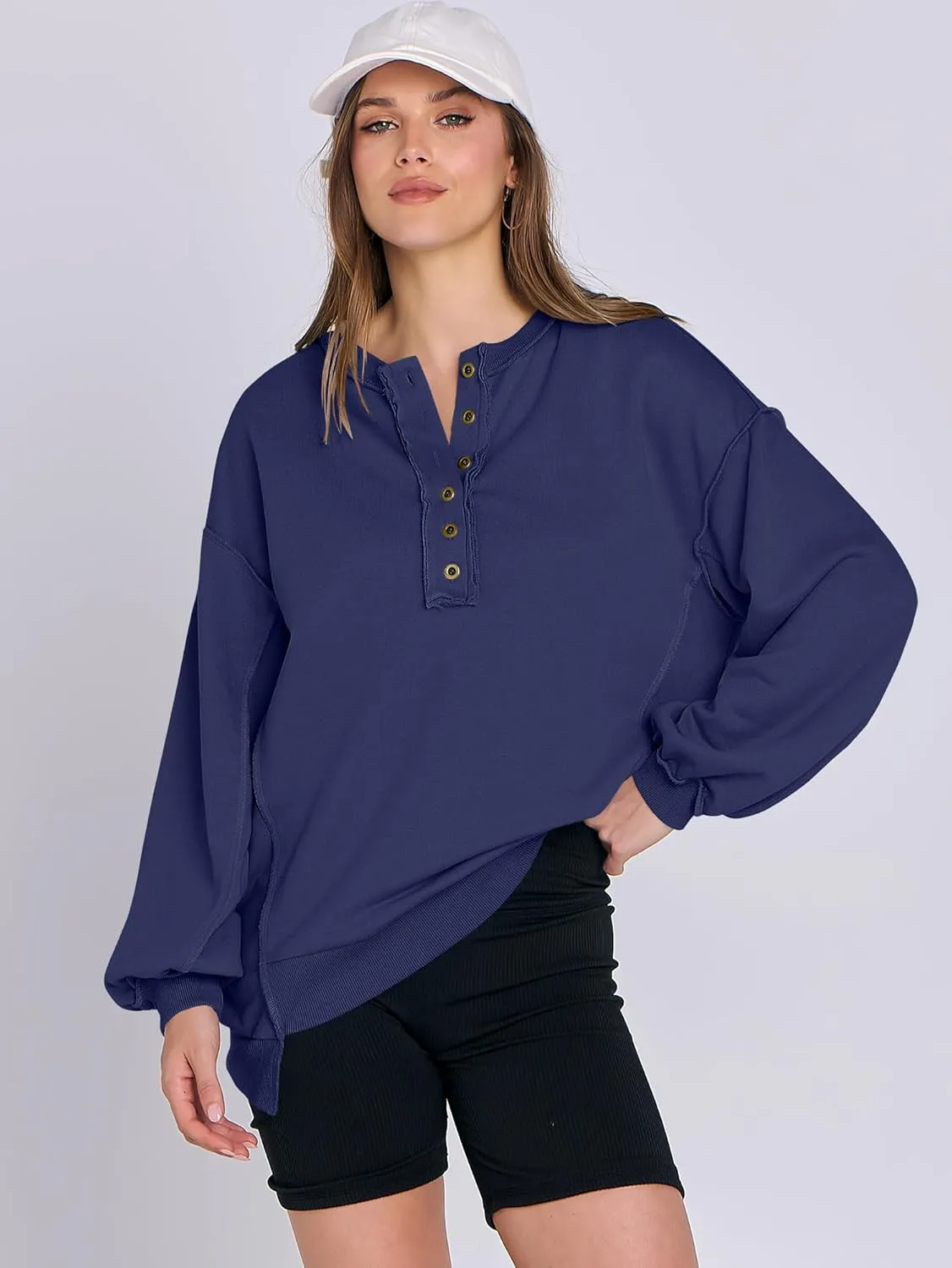 Caracilia Women's Oversized Sweatshirts Long Sleeve Henley Button Down Pullover Hoodies Tunic Tops 2025 Trendy Fall Clothes