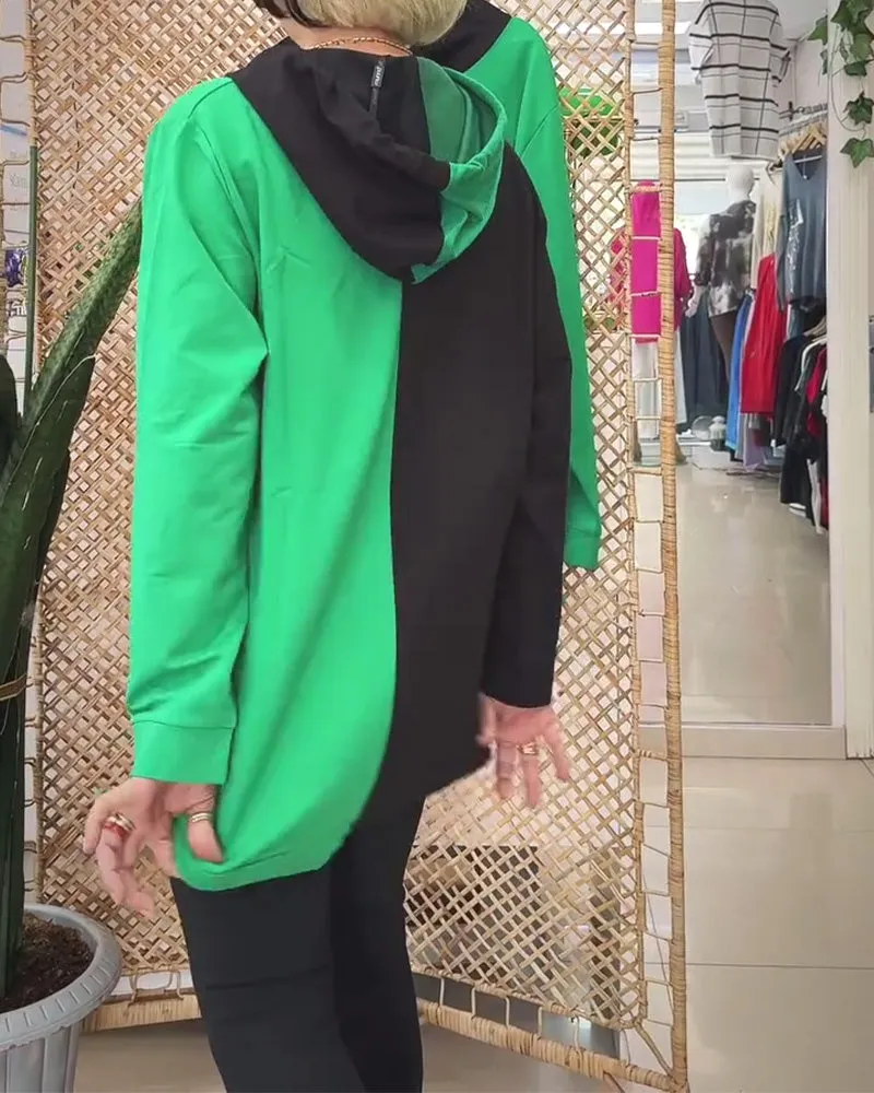 Casual Hooded Colorblock Printed Sweatshirt
