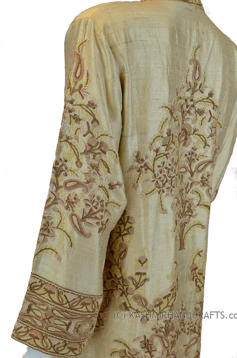 Champagne Beige Silk Jacket Dinner Paisley Evening Dress Coat Hand Embroidered Kashmir