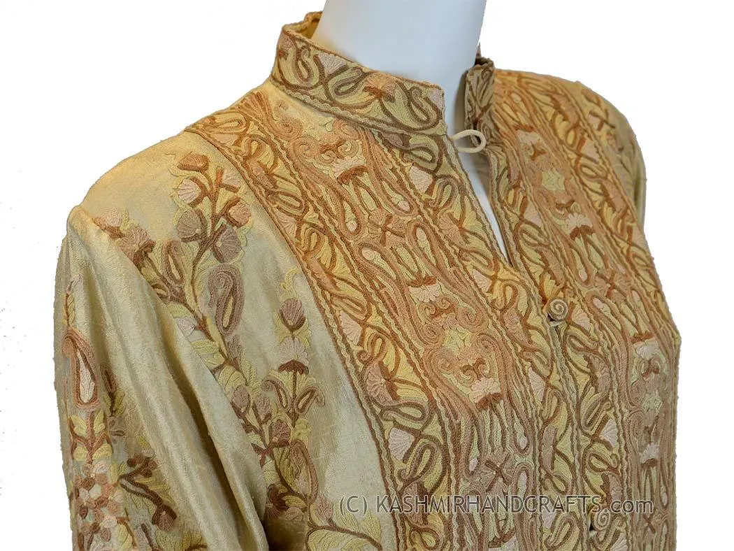 Champagne Beige Silk Jacket Dinner Paisley Evening Dress Coat Hand Embroidered Kashmir