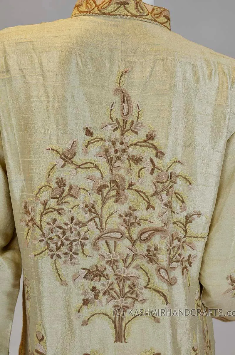 Champagne Beige Silk Jacket Dinner Paisley Evening Dress Coat Hand Embroidered Kashmir