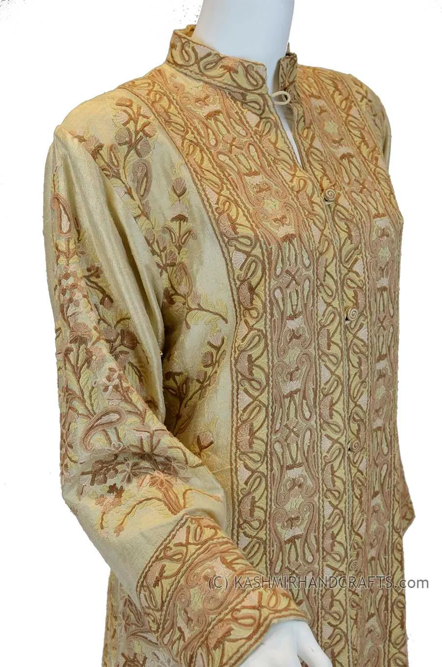 Champagne Beige Silk Jacket Dinner Paisley Evening Dress Coat Hand Embroidered Kashmir