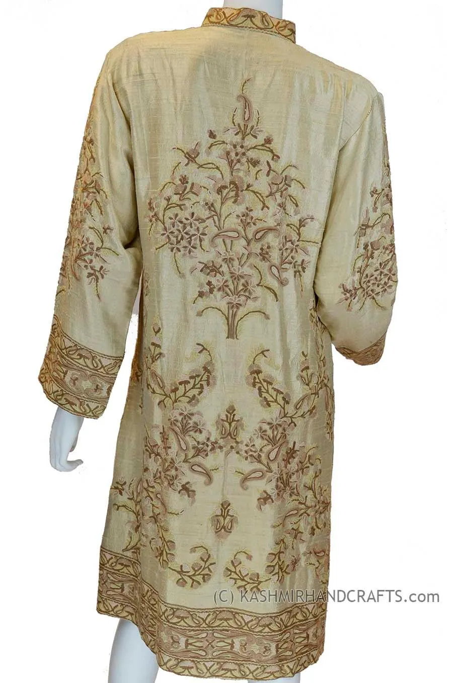 Champagne Beige Silk Jacket Dinner Paisley Evening Dress Coat Hand Embroidered Kashmir