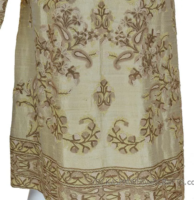 Champagne Beige Silk Jacket Dinner Paisley Evening Dress Coat Hand Embroidered Kashmir