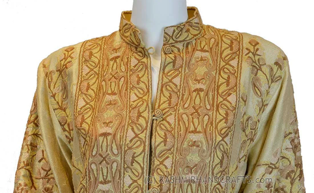 Champagne Beige Silk Jacket Dinner Paisley Evening Dress Coat Hand Embroidered Kashmir
