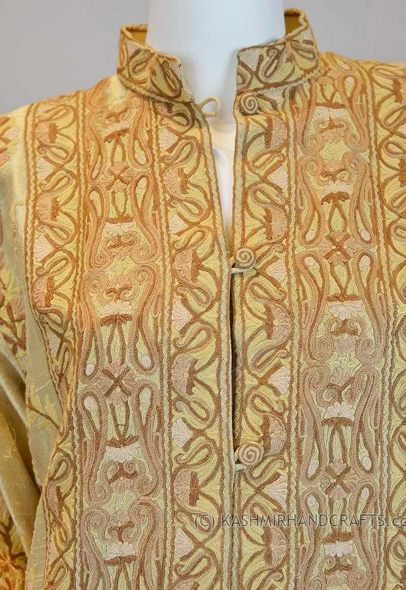 Champagne Beige Silk Jacket Dinner Paisley Evening Dress Coat Hand Embroidered Kashmir