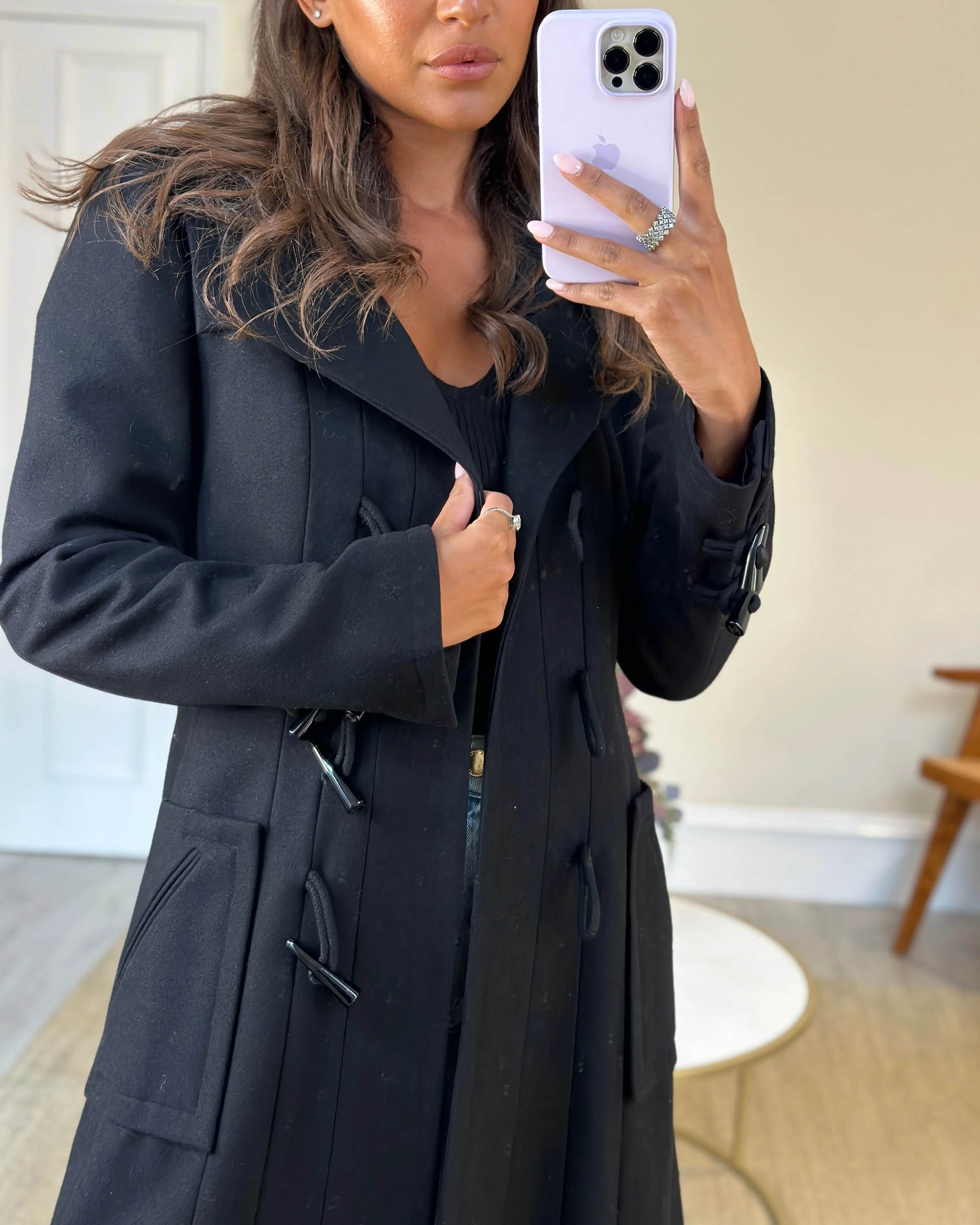 Chanel Black Hooded Longline Wool Coat With Toggle Fasten Detail  Fr 42 (uk 10)