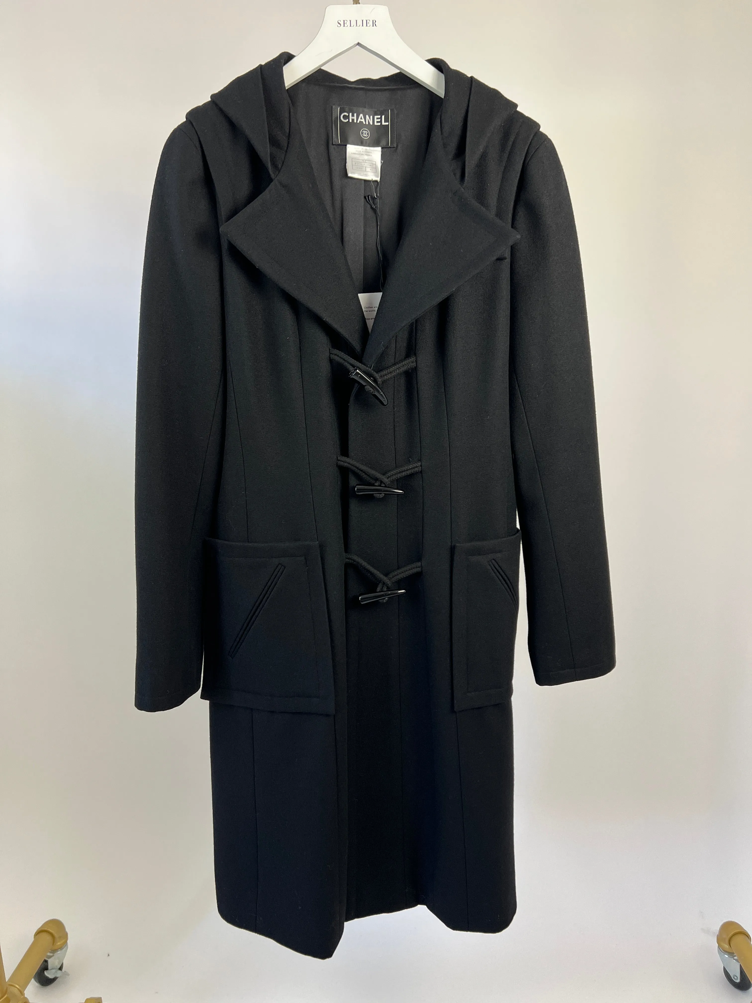 Chanel Black Hooded Longline Wool Coat With Toggle Fasten Detail  Fr 42 (uk 10)