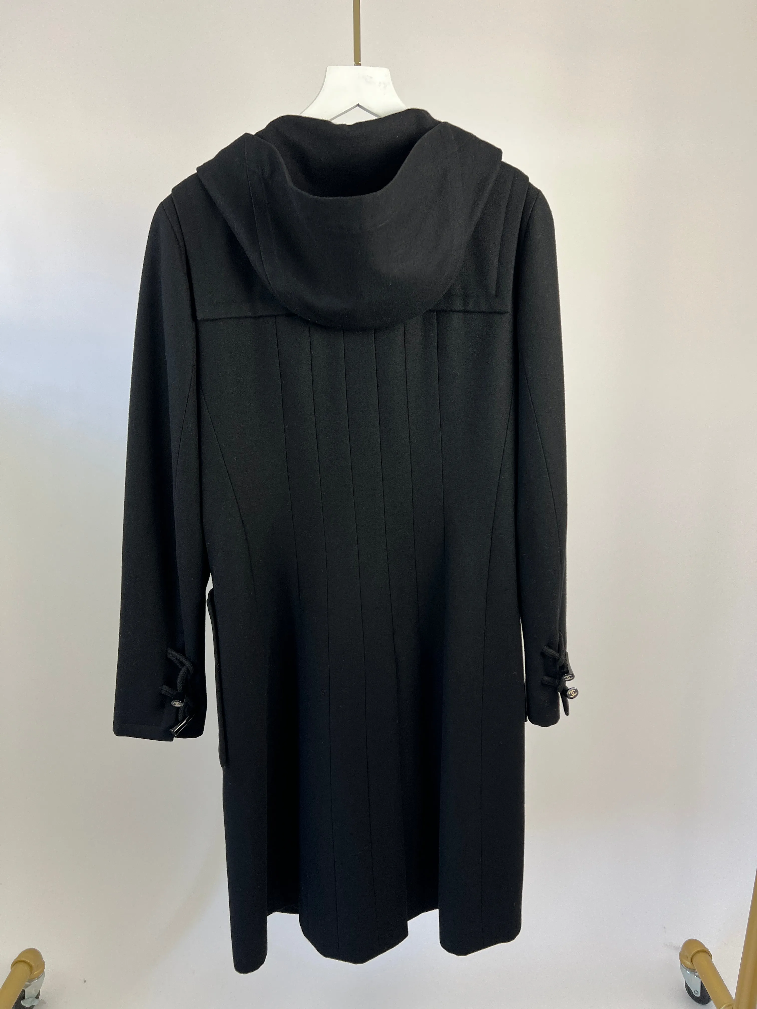Chanel Black Hooded Longline Wool Coat With Toggle Fasten Detail  Fr 42 (uk 10)