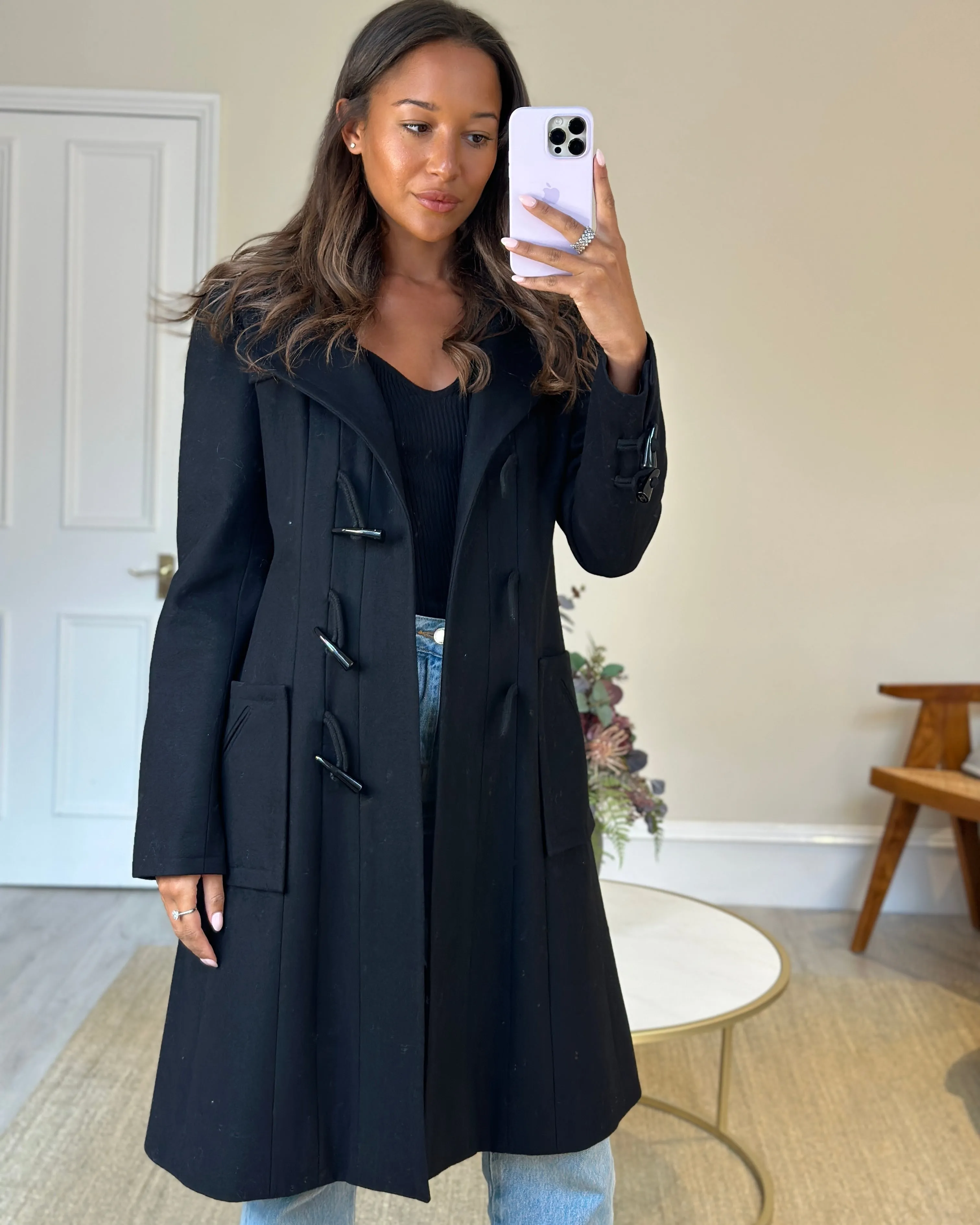 Chanel Black Hooded Longline Wool Coat With Toggle Fasten Detail  Fr 42 (uk 10)