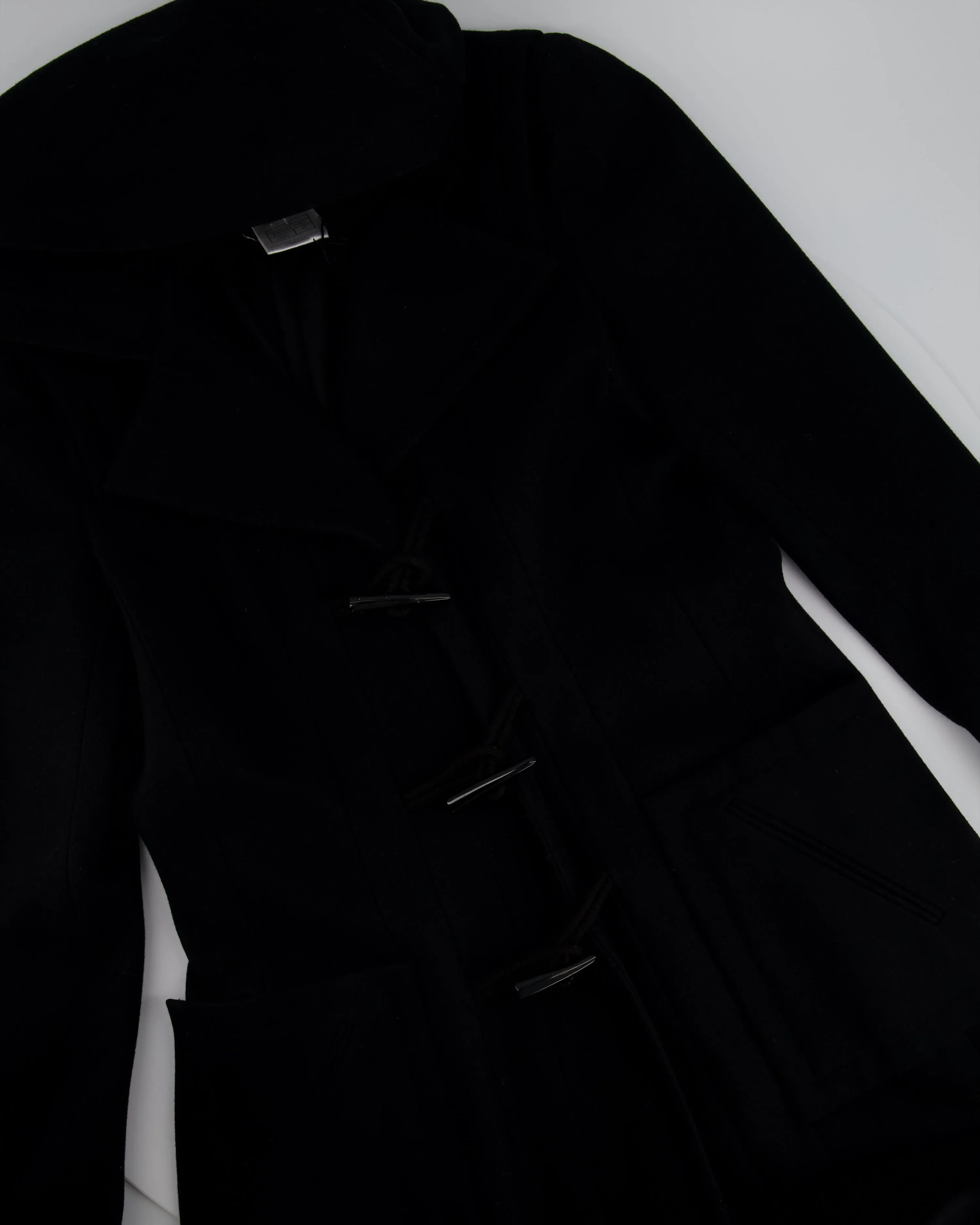 Chanel Black Hooded Longline Wool Coat With Toggle Fasten Detail  Fr 42 (uk 10)