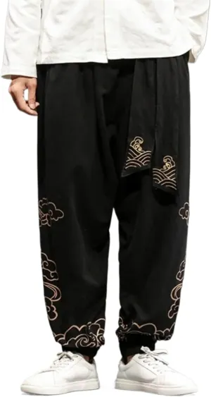 Chinese Style Retro Auspicious Clouds Print Pants Men Clothing Autumn Clothes Loose Casual Hemp Harem Pants