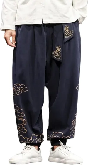 Chinese Style Retro Auspicious Clouds Print Pants Men Clothing Autumn Clothes Loose Casual Hemp Harem Pants
