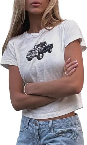 Chvity Short Sleeve Graphic Tees for Women Y2k Cute Print Baby Tees Vintage 90s Aesthetic Basic Tops Teens Crop Tops