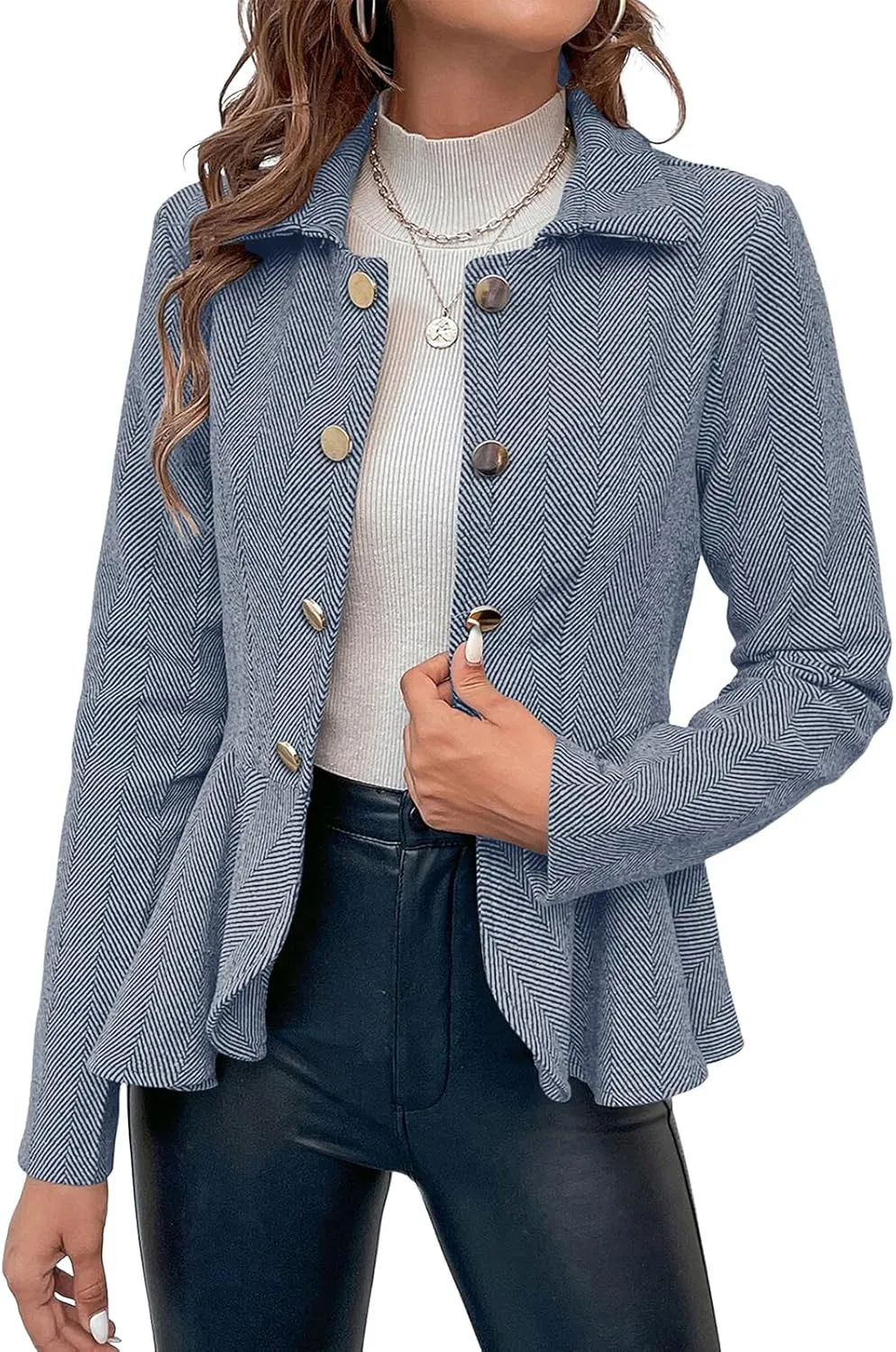 Cicy Bell Elegant Women Blazer Business Work Office Peplum Hem Jacket Open Front Herringbone Coats