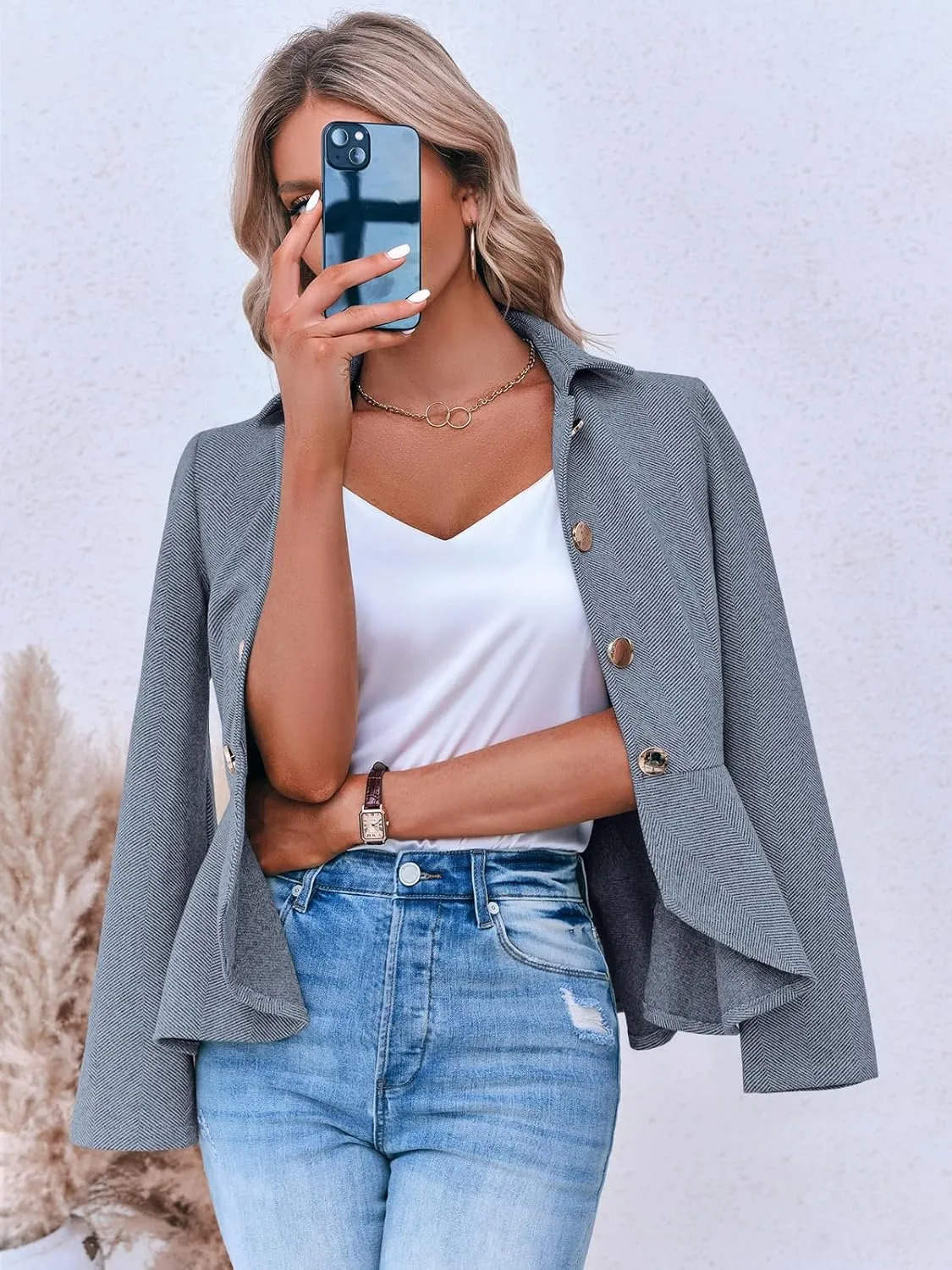 Cicy Bell Elegant Women Blazer Business Work Office Peplum Hem Jacket Open Front Herringbone Coats