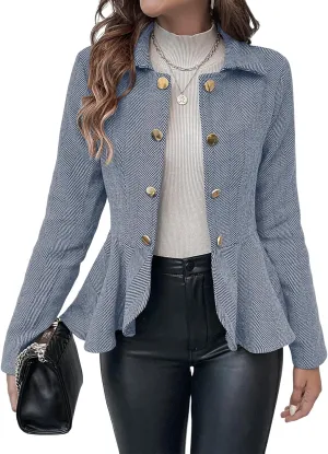 Cicy Bell Elegant Women Blazer Business Work Office Peplum Hem Jacket Open Front Herringbone Coats