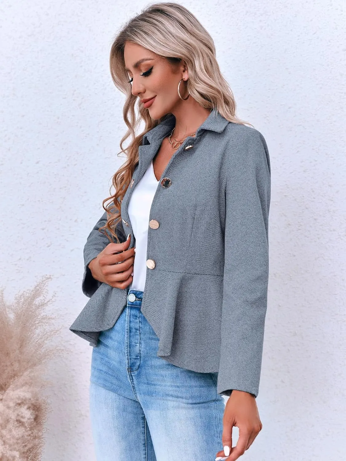 Cicy Bell Elegant Women Blazer Business Work Office Peplum Hem Jacket Open Front Herringbone Coats