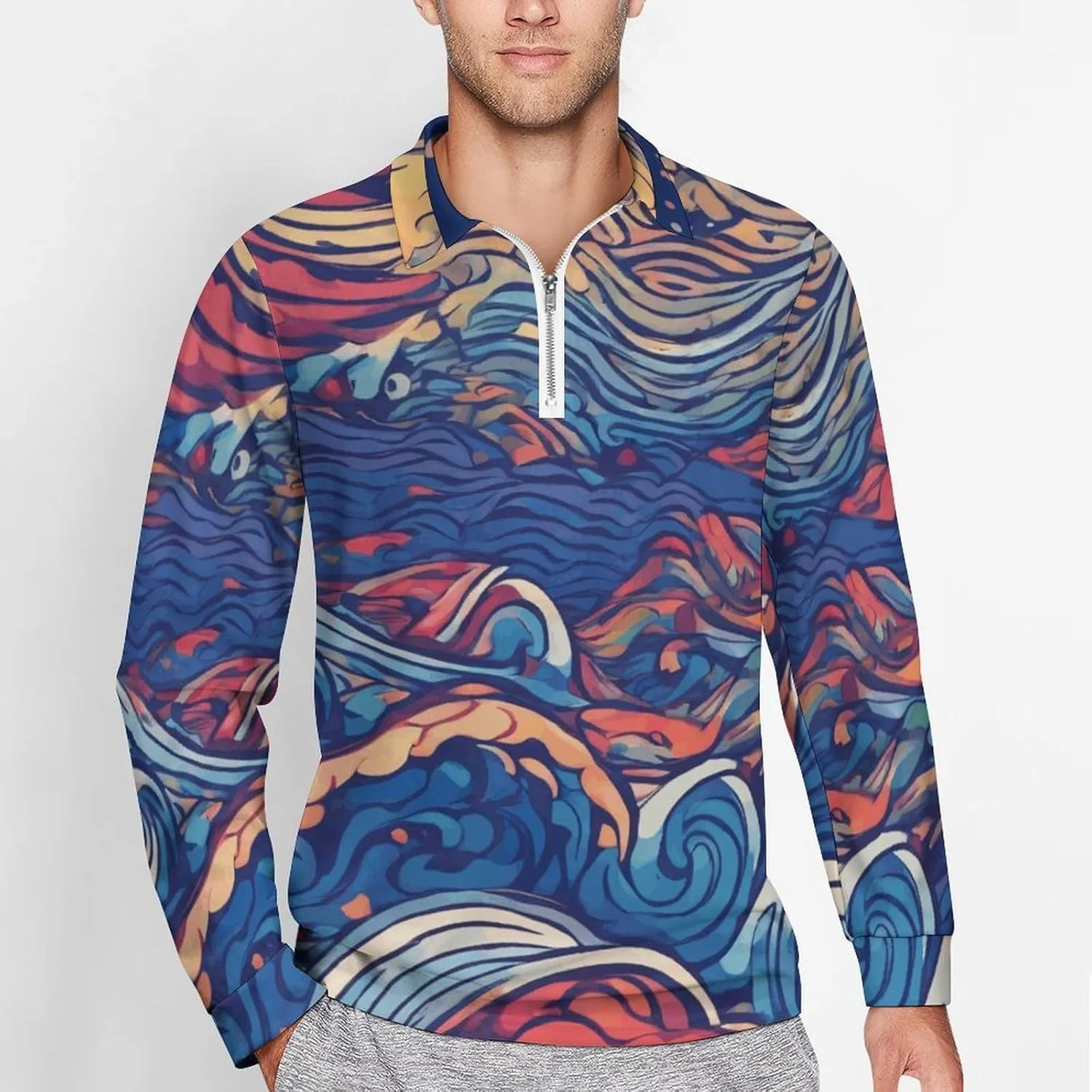 Colorful Butterfly Men's Lapel Neck Polo- Shirts Slim Fit Long Sleeve Golf T-Shirts Comfortable Tees