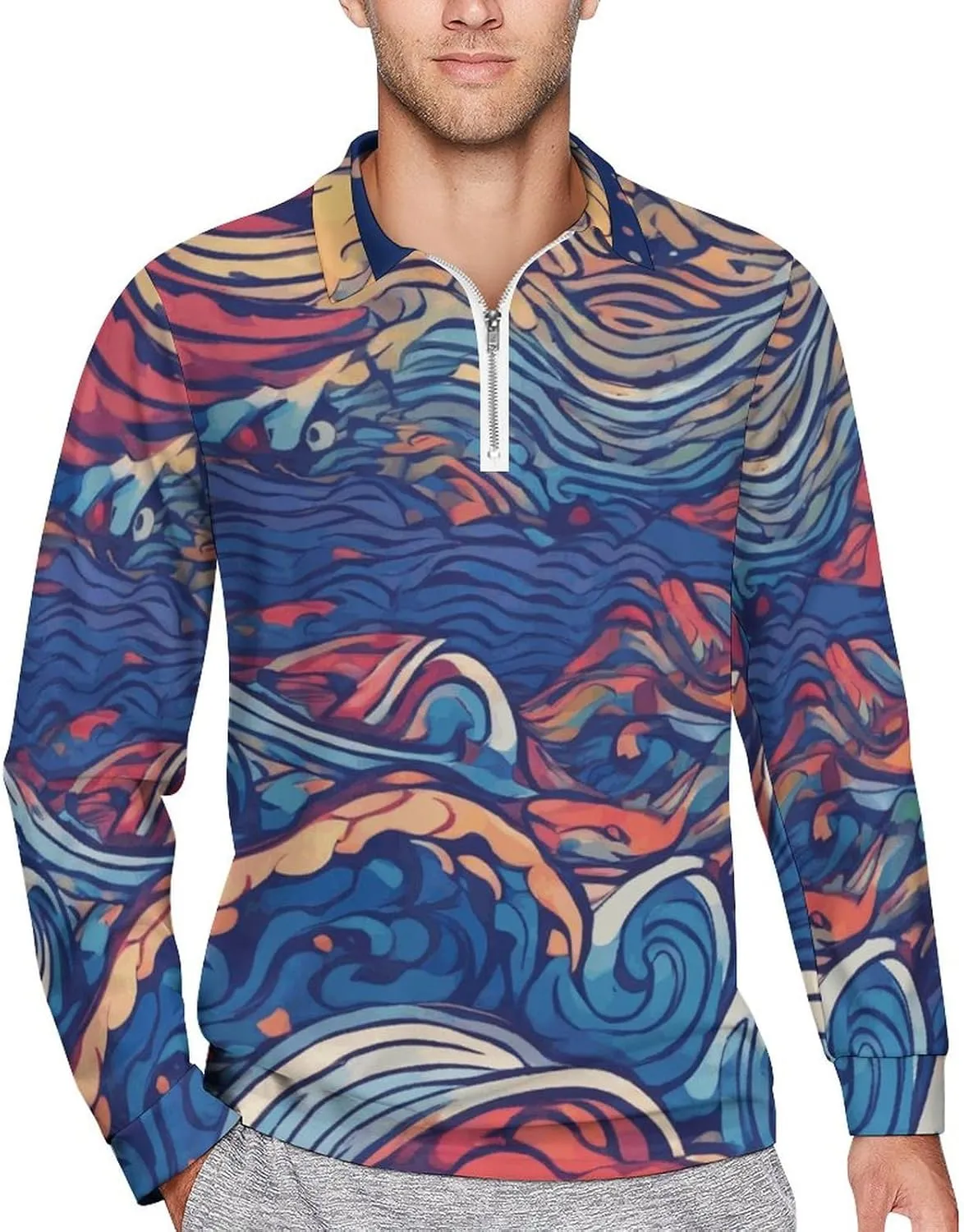 Colorful Butterfly Men's Lapel Neck Polo- Shirts Slim Fit Long Sleeve Golf T-Shirts Comfortable Tees