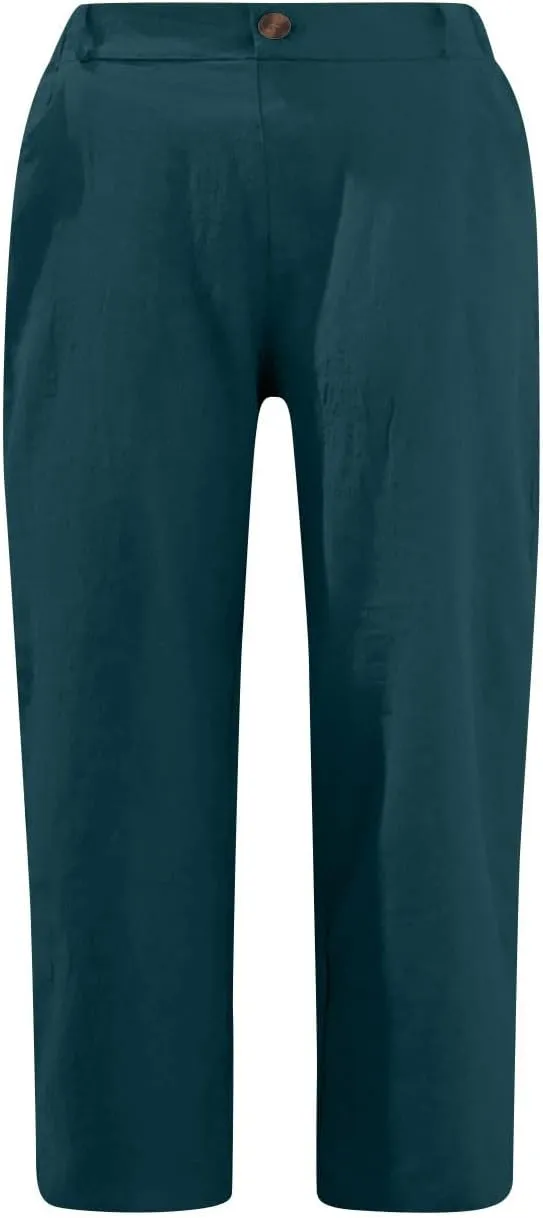 Cotton Linen Capri Pants for Women Casual Summer Straight Leg Trouser Buttons High Waist Cropped Pant with Pocket