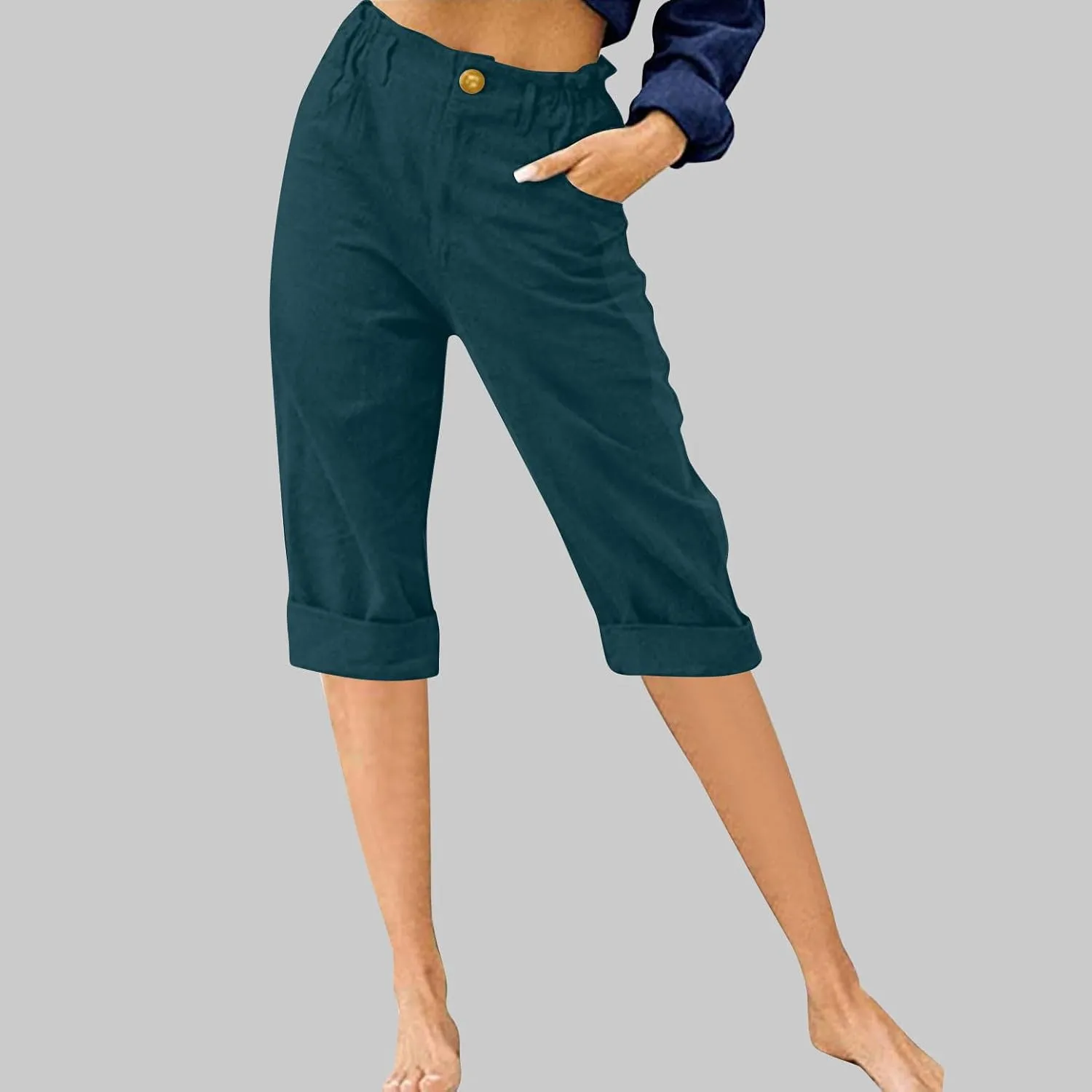 Cotton Linen Capri Pants for Women Casual Summer Straight Leg Trouser Buttons High Waist Cropped Pant with Pocket