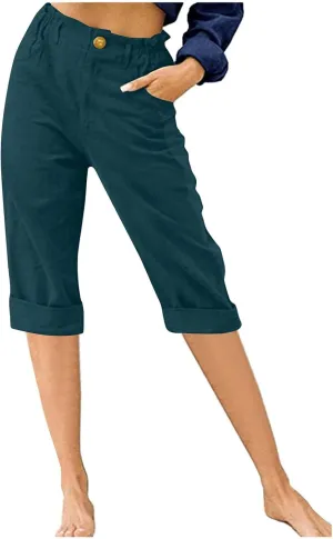 Cotton Linen Capri Pants for Women Casual Summer Straight Leg Trouser Buttons High Waist Cropped Pant with Pocket