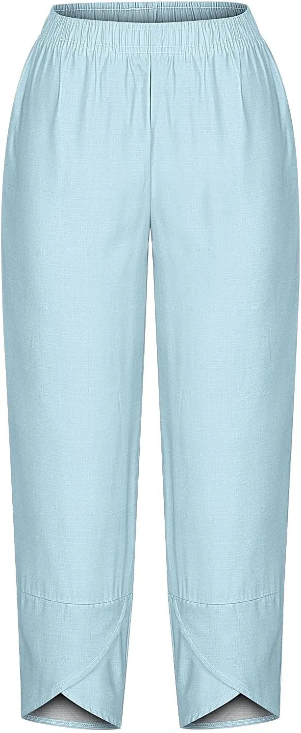 Cotton Linen Wide Leg Capri Pants for Women with Pockets 2025 Summer High Waist Dress Pant for Workout Casual Trousers